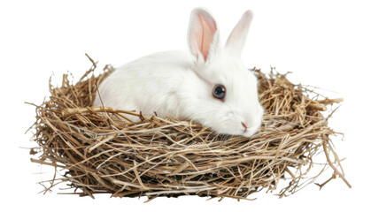 A white rabbit in a birds nest on transparent background