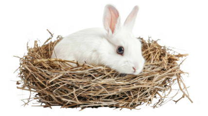 A white rabbit in a birds nest on transparent background