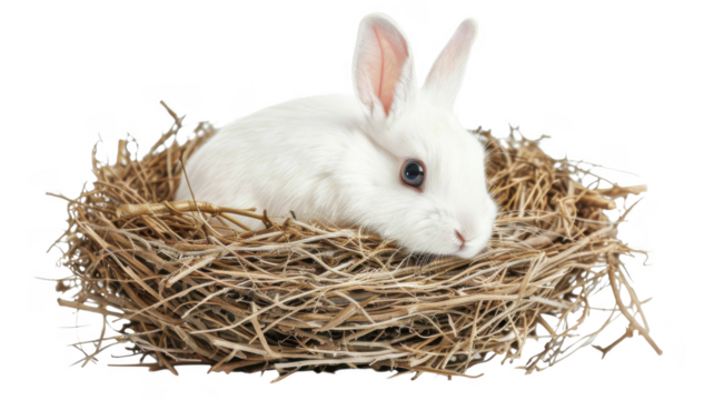 A white rabbit in a birds nest on transparent background