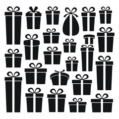 Collection of black silhouette gift boxes with ribbons and bows on white background