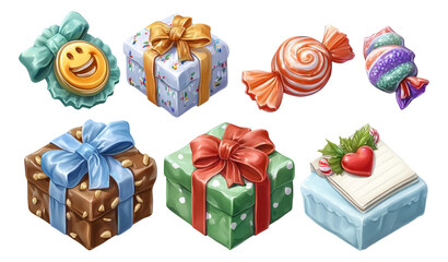 Colorful Gift Boxes with Ribbons and Sweets on Transparent Background