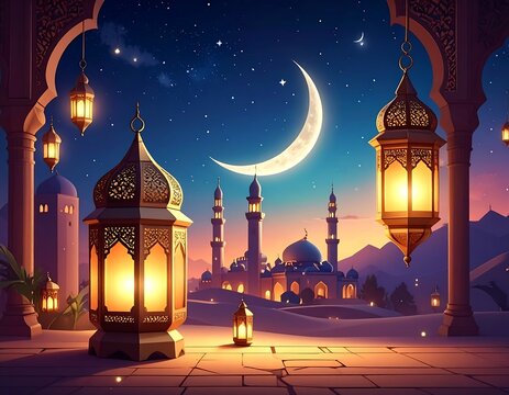 Night scene with crescent moon, lanterns, and mosque at dusk - Powered by Adobe