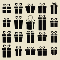 Collection of black gift boxes with ribbons and bows on a light beige background