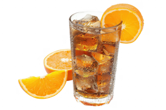 Iced drink with orange slices on transparent background