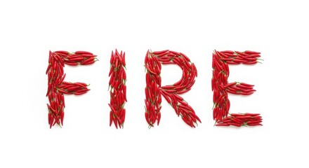 The word fire spelled out with vibrant red chili peppers on a clean white background