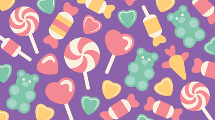 A vibrant pattern featuring an assortment of colorful candies on a purple background design of sweets