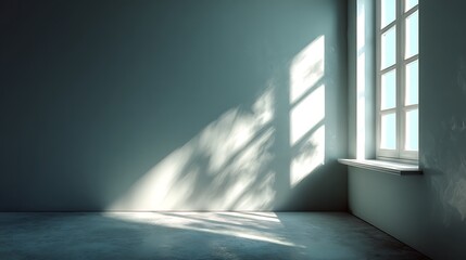 Obraz premium Soft golden sunlight filtering through glass window onto white wall corner, subtle reflections blending with clean lower space, creating calm balanced composition and modern simplicity.