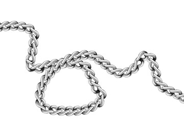 Close-up of a shiny silver metal chain arranged in a wavy pattern on a white background