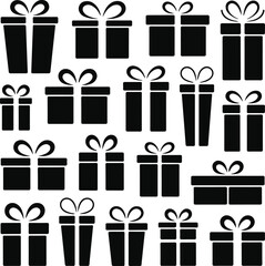 Collection of various black gift boxes with ribbons and bows for holidays and celebrations