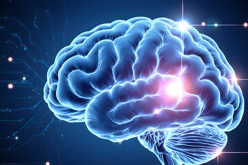 Vibrant digital illustration of a human brain glowing with knowledge and innovation.