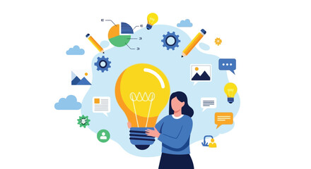 Creative Mind Woman with a Light Bulb, Surrounded by Innovation and Ideas for Problem Solving