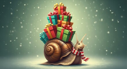 Whimsical snail character wearing a scarf carries a tall stack of colorful christmas presents