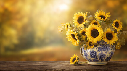 sunflower. A vibrant sunflower bouquet in a rustic vase, bathed in warm golden hour light. gardening catalogs, home-decor guides, designed for home decor and floral branding, enhances decor appeal.