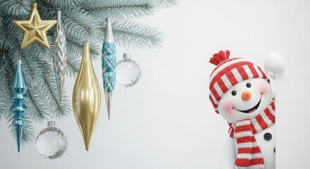 Festive snowman decoration peeking from behind a decorated christmas tree with icicle ornaments
