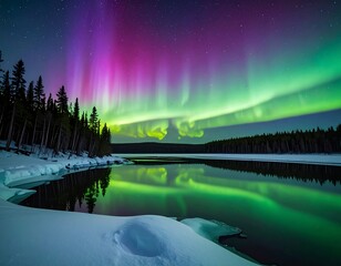 Night sky illuminates a snowy landscape with colorful aurora borealis display