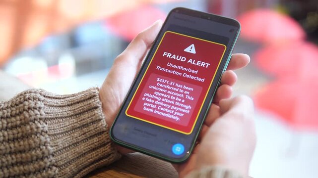 Capture a moment of digital panic and concern. This video shows a close-up view of a phone screen with a clear Fraud Alert message from a bank, indicating suspicious activity and a money withdrawal. 