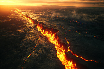 Glowing volcanic cracks and dark rock surface showing dramatic geological faults, generative ai