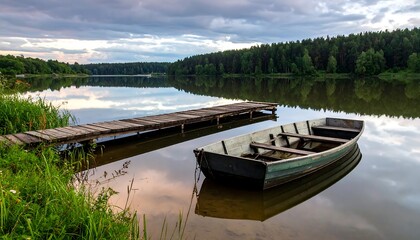 Obraz premium Scenic Lake View with Boat and Dock at Dusk.