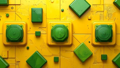 Overhead abstract view of repeating green geometric objects on a yellow grid