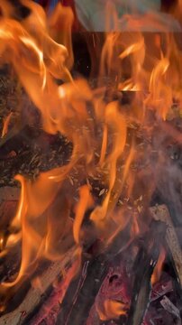 Close up of flames in havan kund in havan puja, a ceremony in hindu religion