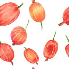 Seamless pattern with gooseberry. Watercolor hand drawn red gooseberry. Berries for tea, juice, jam, wine, sweets and eco-products, menu, scrapbooking, posters, textiles, kitchen decoration
