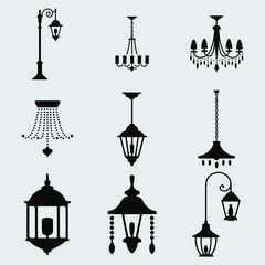 Naklejka premium Collection of elegant black silhouette vintage and modern lamps and chandeliers on a white background