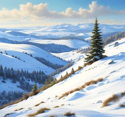 Rolling hills covered in evergreen trees dusted with snow