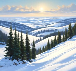 Rolling hills covered in evergreen trees dusted with snow