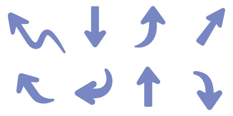 Set of eight hand-drawn purple arrows pointing in various directions on a white background.