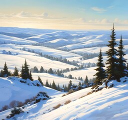 Rolling hills covered in evergreen trees dusted with snow