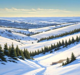 Rolling hills covered in evergreen trees dusted with snow