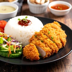 Plate of golden, fried protein with rice, salad, and dipping sauces