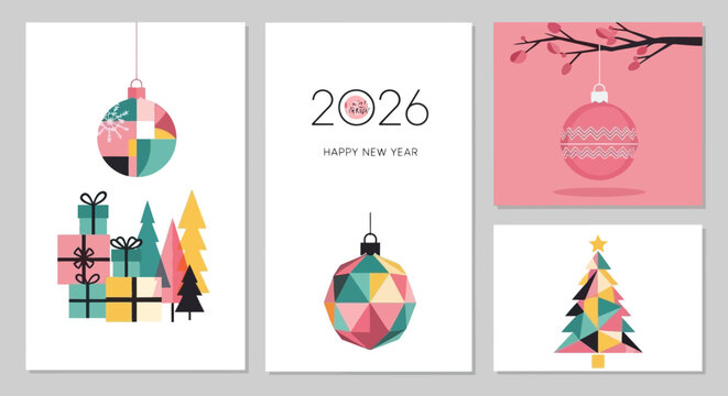 Geometric New Year Cards Festive Designs for 2026 Celebrations with Colorful Ornaments and Trees