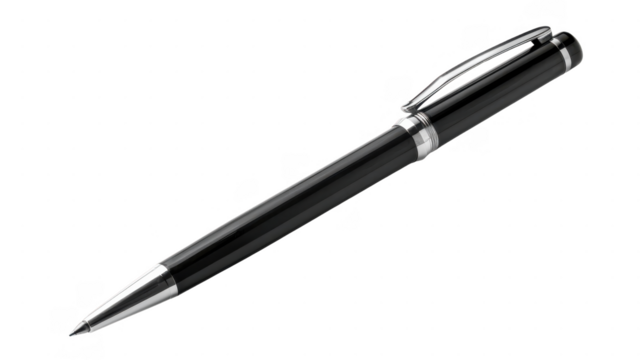 A black writing instrument pen on transparent background