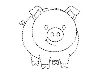 A black and white dottodot outline drawing of a cartoon pig facing forward