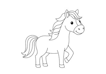 A black and white dotted outline drawing of a cartoon horse in profile