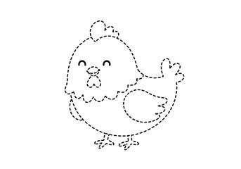 Black and white dotted line drawing of a cartoon chicken figure