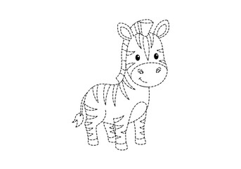Black and white dashed line drawing of a cute cartoon zebra