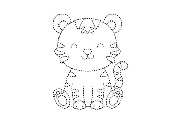 Black and white dotted line drawing of a seated smiling baby tiger cub