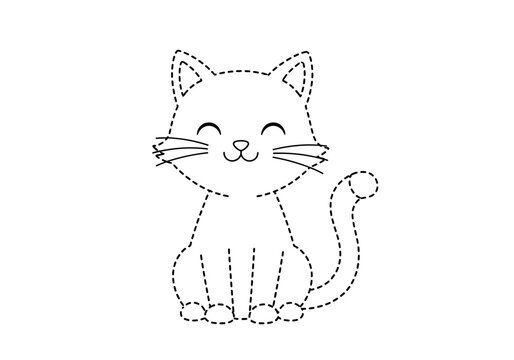 A black and white dottodot outline of a smiling sitting cat