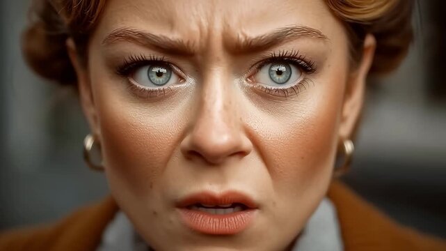 Close up of a woman's face showing a range of negative emotions. Her expression changes from confusion and disgust to shock and utter horror