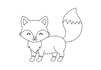 Black dotted line drawing of a smiling cartoon fox with a bushy tail