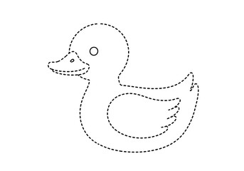 Dotted outline drawing of a rubber duck facing left with an eye and beak detail