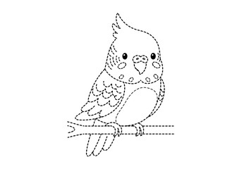 Dottodot drawing of a cartoon cockatiel perched on a branch