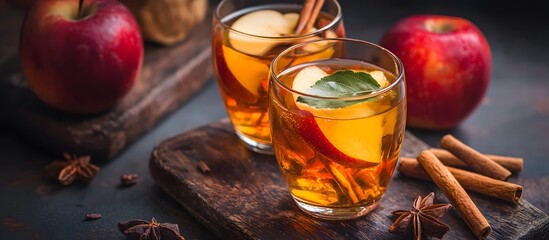 Typical autumn drink with cinnamon and apple on a wooden table