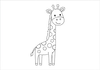 Outline drawing of a happy cartoon giraffe with dashed connecting lines