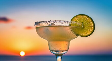 Refreshing Margarita Cocktail with Lime and Salt Rim at Tropical Sunset