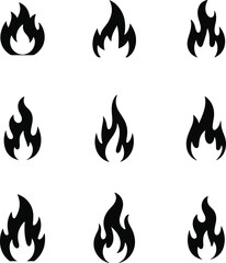 Collection of nine simple black flame icons representing fire and heat in a clean graphic design