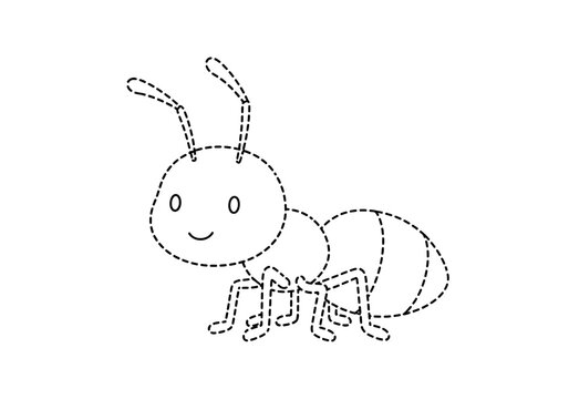 Outline drawing of a smiling cartoon ant with dotted lines