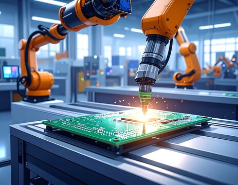 Robotics arms soldering a circuit board inside a clean factory